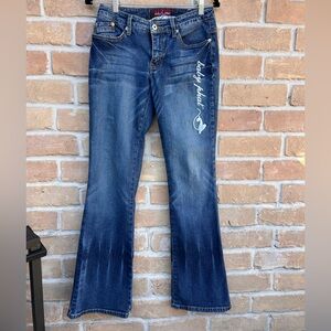 Y2K Baby Phat Flare Jeans Sz 5 Wash Low Rise Bootcut Denim Logo Pockets Kimora